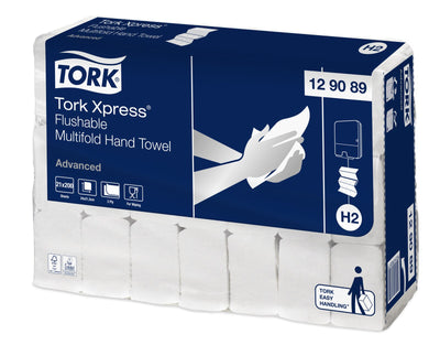 Tork Xpress®Asciugamani monouso intercalati Flushable idrosolubili, bianchi, H2, linea Advanced, 2 veli, piegati a Z, a dissoluzione rapida, 21 confezioni da 200 fogli, 129089