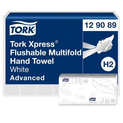 Tork Xpress®Asciugamani monouso intercalati Flushable idrosolubili, bianchi, H2, linea Advanced, 2 veli, piegati a Z, a dissoluzione rapida, 21 confezioni da 200 fogli, 129089