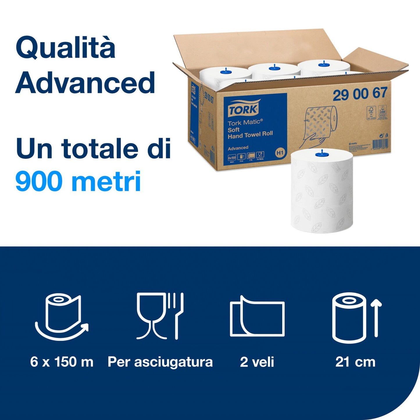 Tork Matic®Asciugamani di carta a rotolo Soft, bianchi con decori a foglia grigia, H1