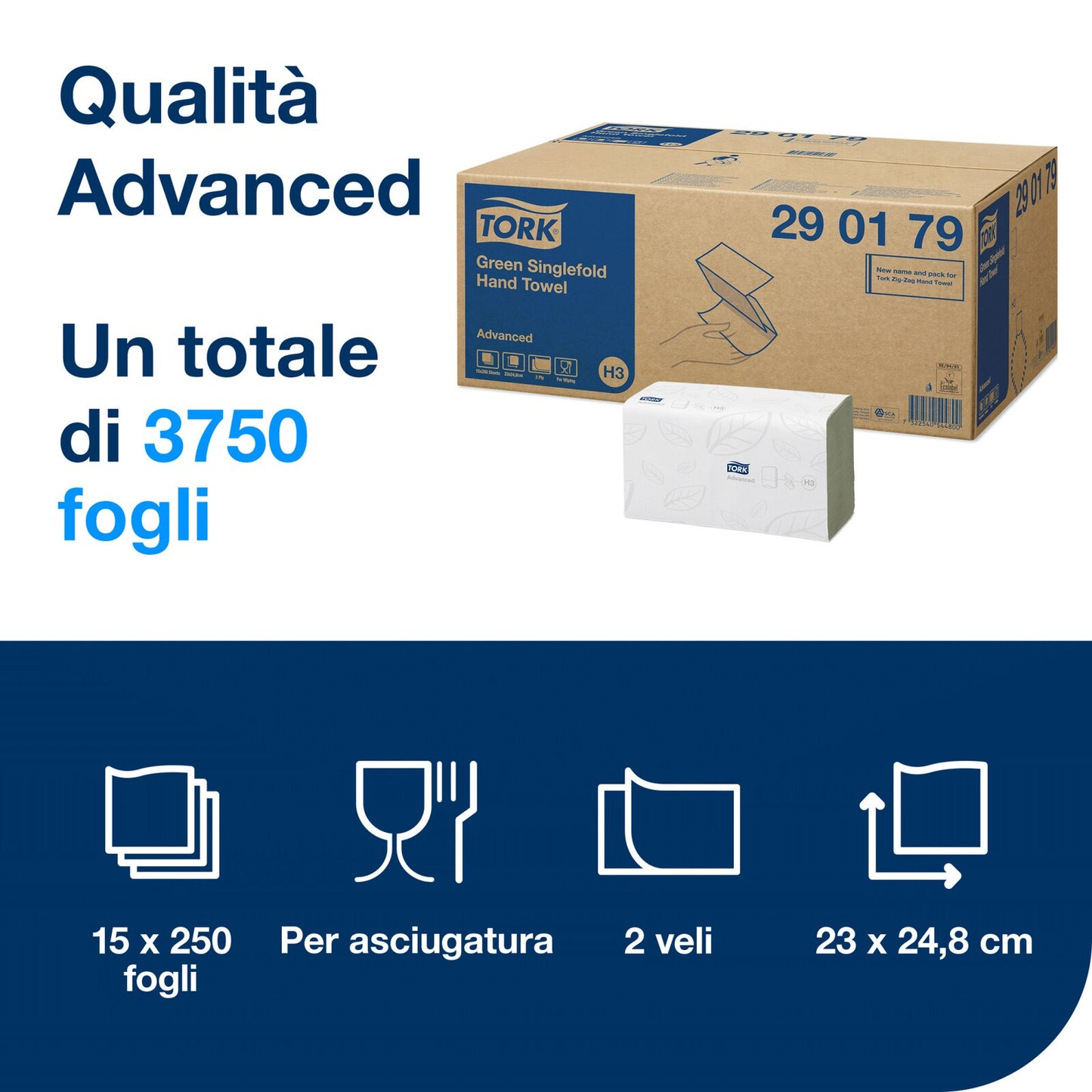 Tork Asciugamani monouso piegati a V, verdi, H3, qualità Advanced, sistema a erogazione singola, 15 confezioni da 250 asciugamani, 290179