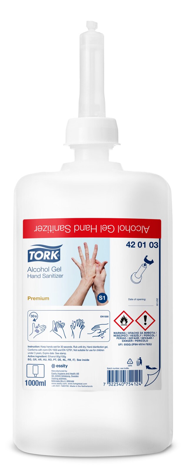 Tork Gel igienizzante mani con alcol, S1/S11, dermatologicamente testato, 6 flaconi da 1000 ml, 420103