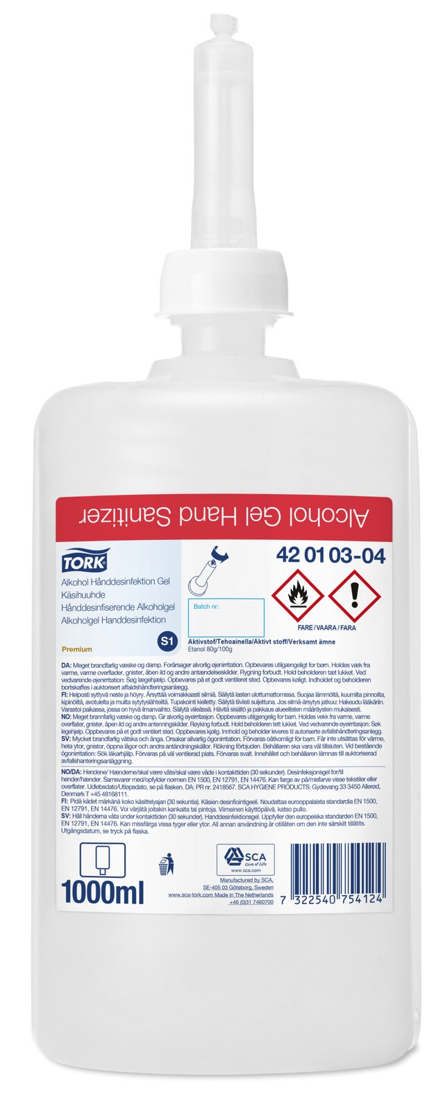 Tork Gel igienizzante mani con alcol, S1/S11, dermatologicamente testato, 6 flaconi da 1000 ml, 420103
