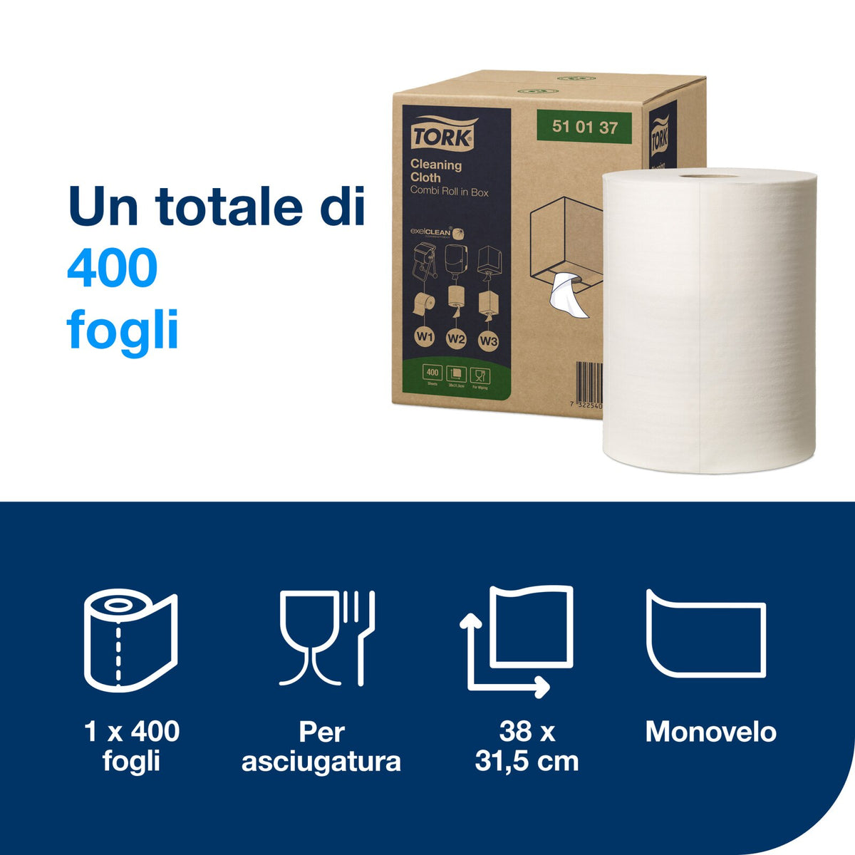 Tork Panni per pulizia, bianchi, W1/2/3, per uso ripetuto, 1 confezione da 400 panni, 510137