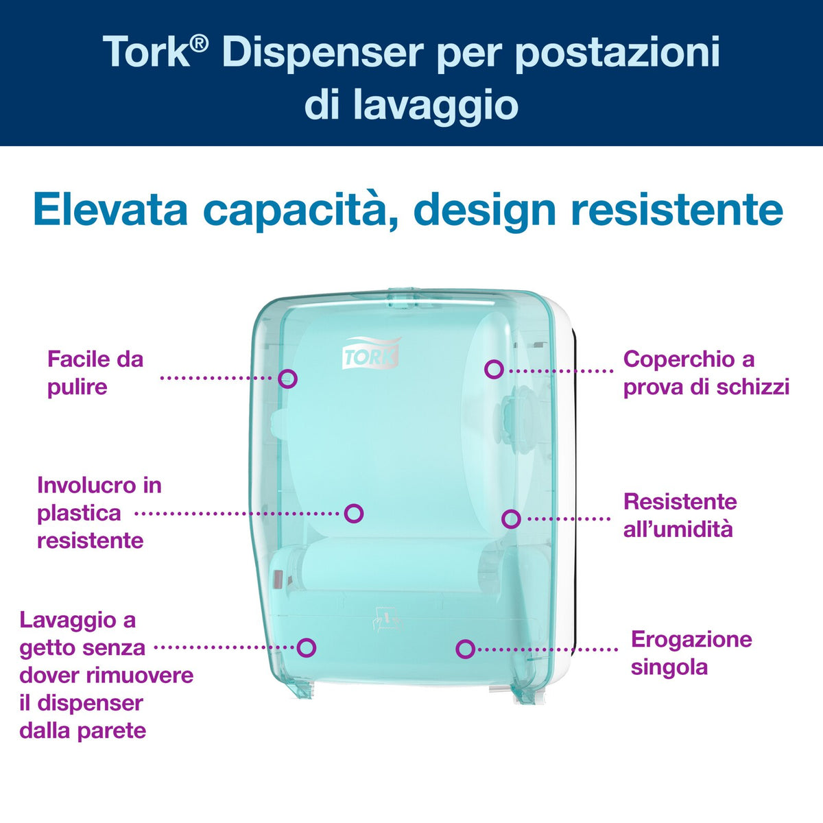 Tork Dispenser a parete di carta assorbente da cucina per postazioni di lavaggio, bianco e azzurro, W6, resistente all'acqua, 651420