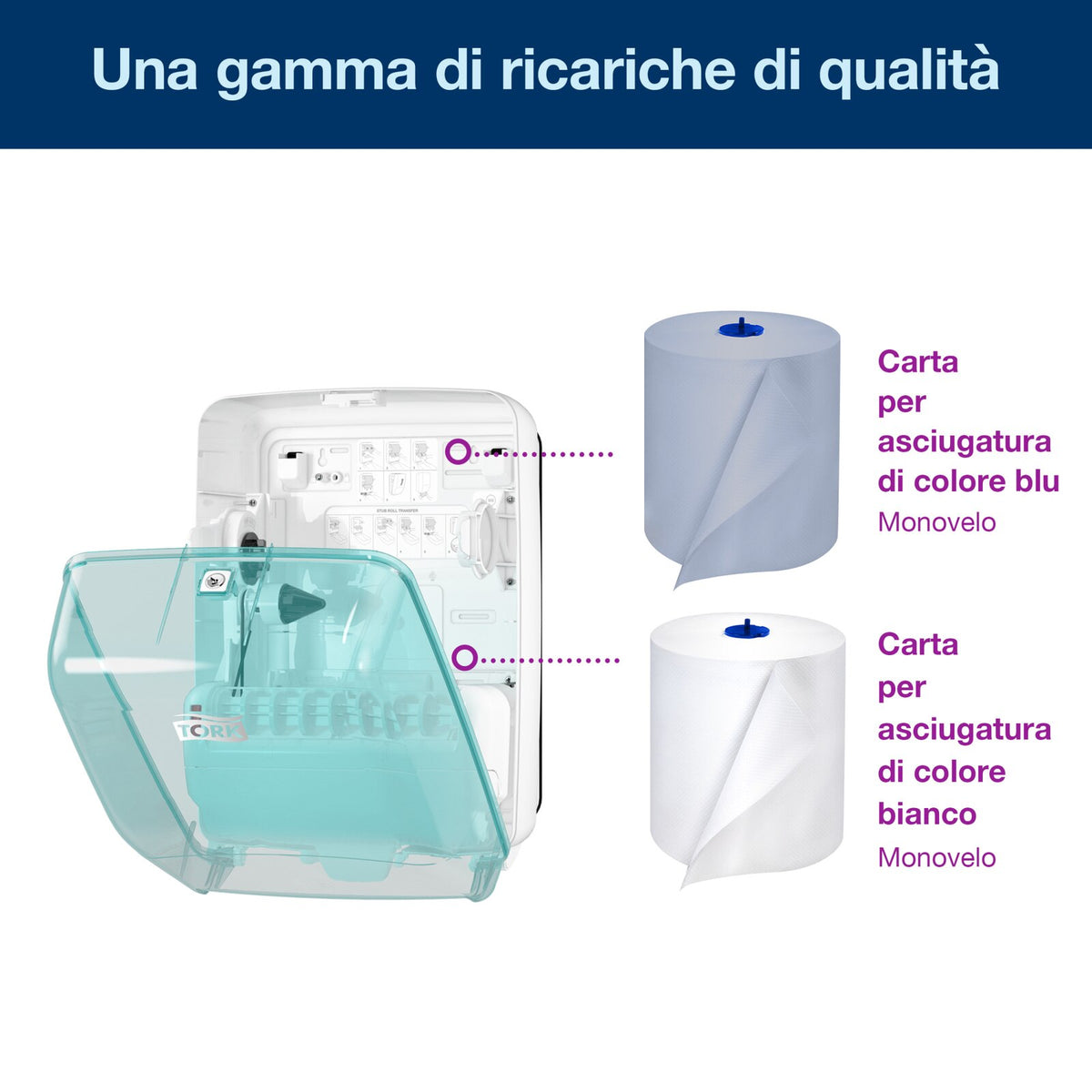 Tork Dispenser a parete di carta assorbente da cucina per postazioni di lavaggio, bianco e azzurro, W6, resistente all'acqua, 651420